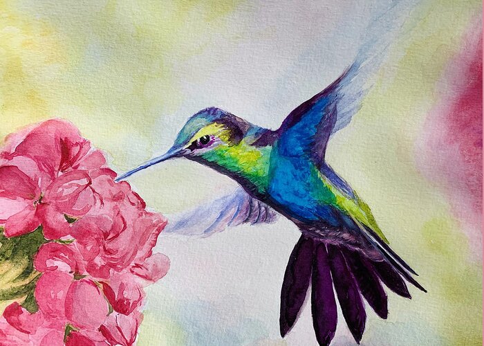 Humming Bird Greeting Card featuring the painting Blue Hummingbird by Tracy Hutchinson