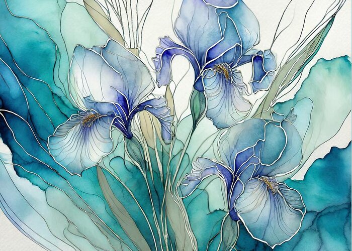 Abstract Greeting Card featuring the mixed media Blue Irises Abstract by Susan Rydberg