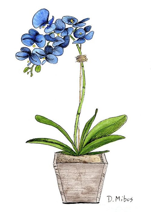 Blue Mystique Orchids Greeting Card featuring the painting Blue Mystique Orchids in Wood Planter by Donna Mibus
