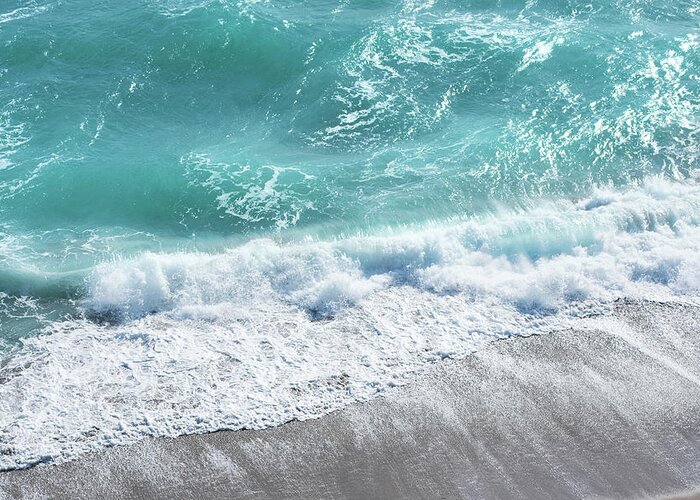 Beach Greeting Card featuring the photograph Blue Ocean Breaking Waves Aerial by Laura Fasulo