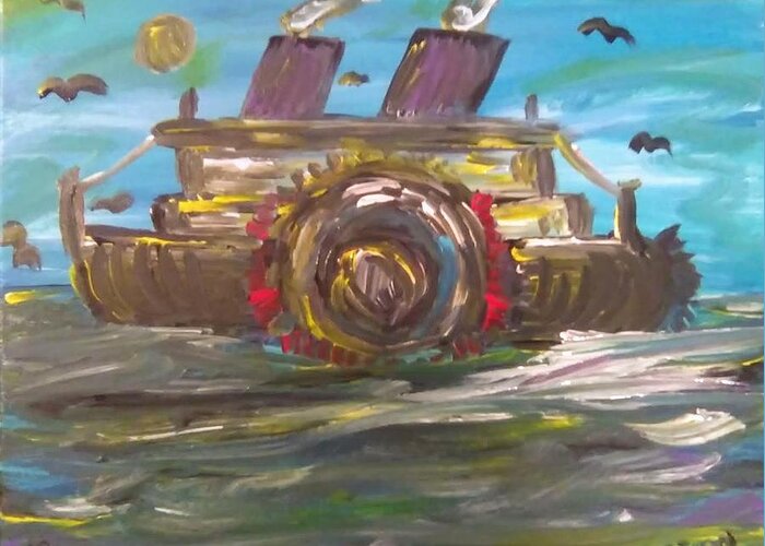 Boats Greeting Card featuring the painting Blue Paddleboat Steam Wheeler by Andrew Blitman