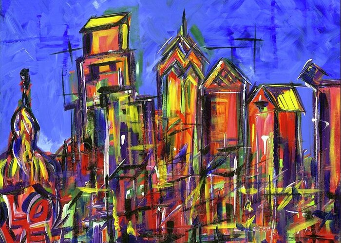 Philly Greeting Card featuring the painting Blue Philadelphia Skyline with Love by Britt Miller
