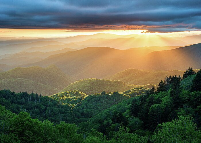Landscape Greeting Card featuring the photograph Blue Ridge Parkway NC Cherokee Spotlight by Robert Stephens
