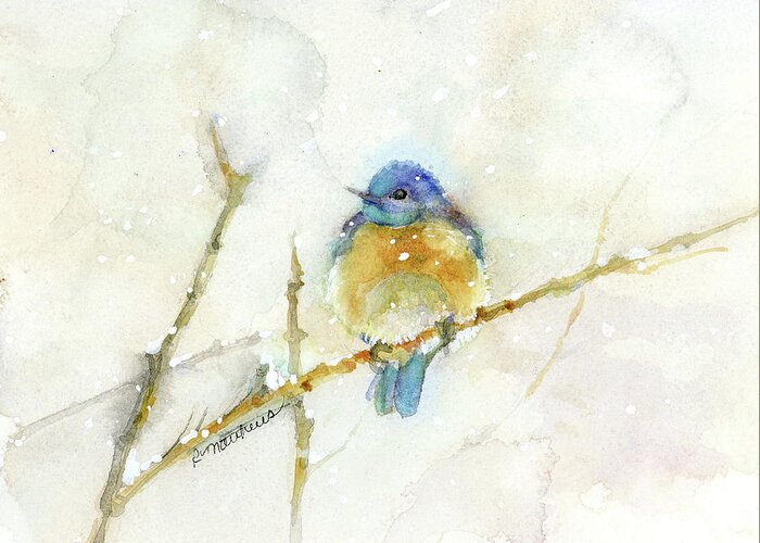 Bluebird Greeting Card featuring the painting Bluebird in snow by Rebecca Matthews