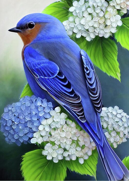 Eastern Bluebird Greeting Card featuring the painting Bluebird In The Hydrangeas by Tina LeCour