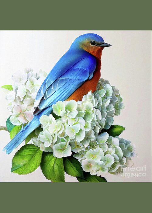 Eastern Bluebird Greeting Card featuring the painting Bluebird In The White Hydrangea by Tina LeCour