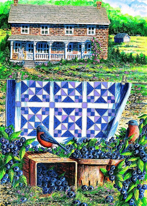 Blueberries Greeting Card featuring the painting Bluebirds and Blueberries by Diane Phalen
