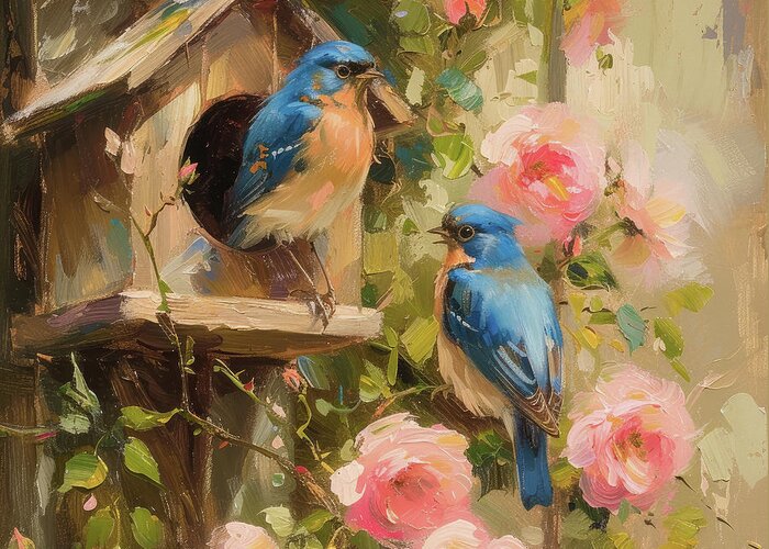 Bluebirds Greeting Card featuring the painting Bluebirds At The Bird House by Tina LeCour