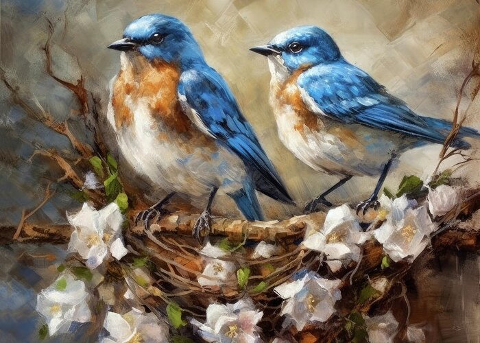 Bluebirds Greeting Card featuring the painting Bluebirds On The Nest by Tina LeCour