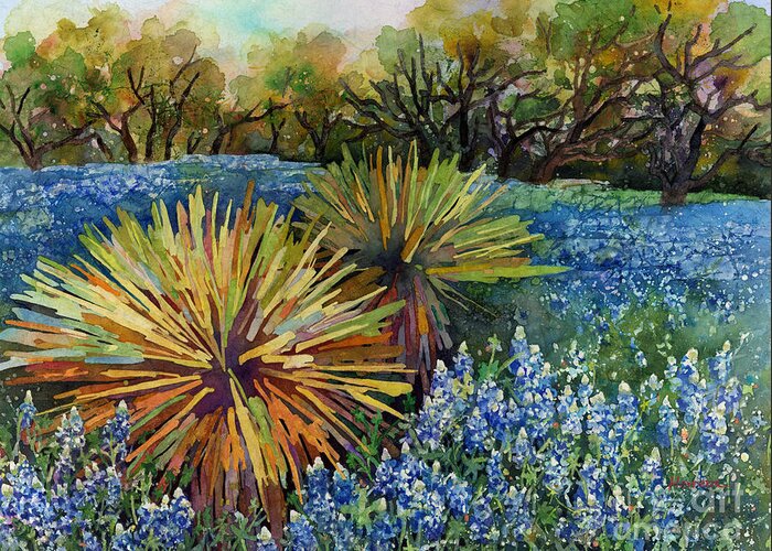 Cactus Greeting Card featuring the painting Bluebonnets and Yucca by Hailey E Herrera