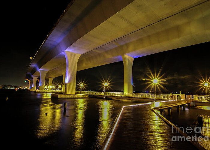 Boardwalk Greeting Card featuring the photograph Boardwalk, Lights and Bridge by Tom Claud