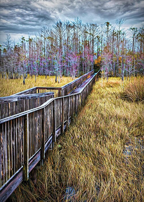 Clouds Greeting Card featuring the photograph Boardwalk over the Marsh Painting by Debra and Dave Vanderlaan