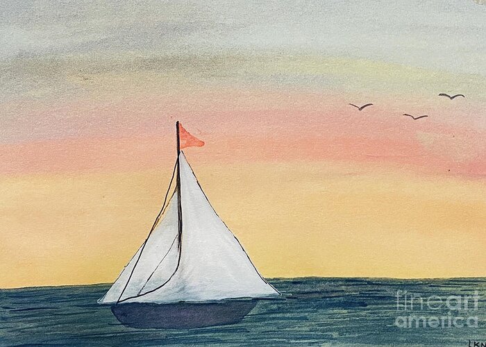 Sailboat Greeting Card featuring the painting Boat at Sunset by Lisa Neuman