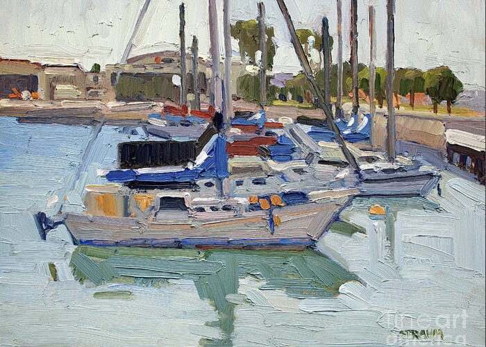 Boat Greeting Card featuring the painting Boat Marina by U.S. Coast Guard Building - San Diego, California by Paul Strahm