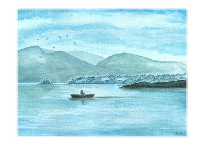 Landscape Greeting Card featuring the painting Boat ride at dawn by Tatiana Fess