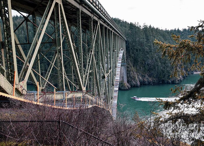 Deception Pass Greeting Card featuring the photograph Boat Under Deception Pass Bridge by Sea Change Vibes