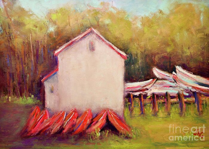 Boat House Greeting Card featuring the painting Boathouse by Joyce Guariglia