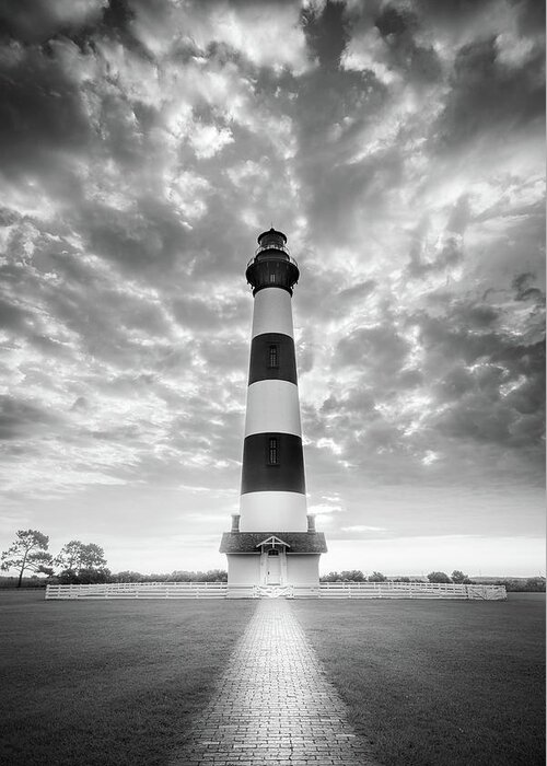 Bodie Island Lighthouse Greeting Card featuring the photograph Bodie Island Lighthouse OBX Outer Banks NC Black And White by Jordan Hill