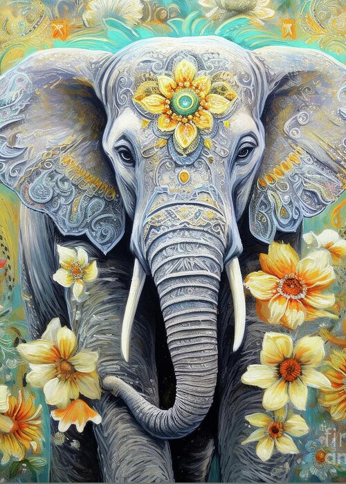 Elephant Greeting Card featuring the painting Bohemian Daisy Elephant by Tina LeCour