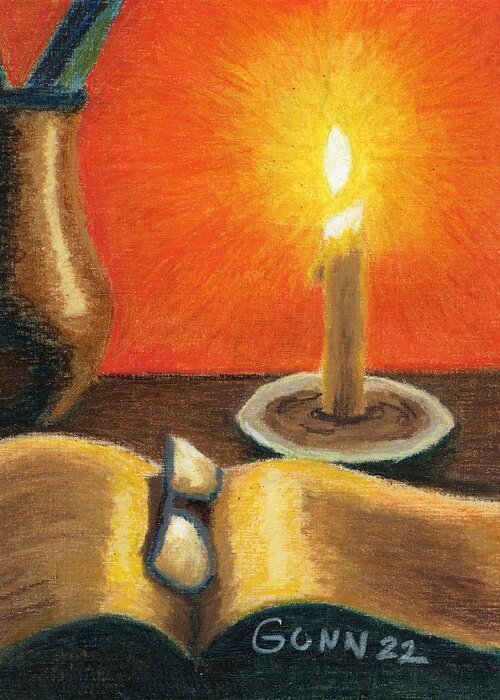 Still Life Greeting Card featuring the pastel Book Reading by Candle Light by Katrina Gunn