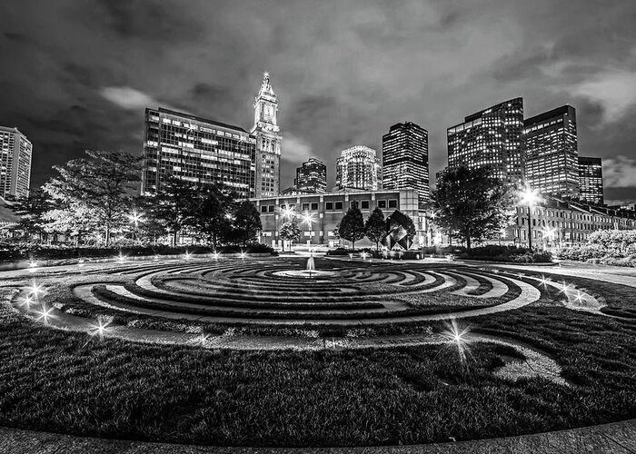 Boston Greeting Card featuring the photograph Boston Armenian Heritage Park Sculpture Boston MA Skyline Black and White by Toby McGuire