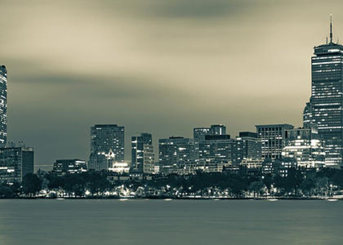 Boston Skyline Panorama Greeting Card featuring the photograph Boston Back Bay Skyline Panorama in Sepia Monochrome by Gregory Ballos