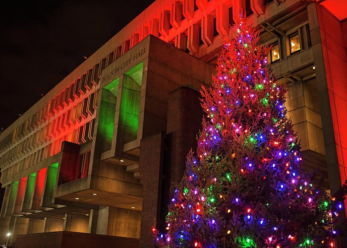 Boston Greeting Card featuring the photograph Boston City Hall Plaza Christmas Tree City Hall lit up in Green and Red by Toby McGuire