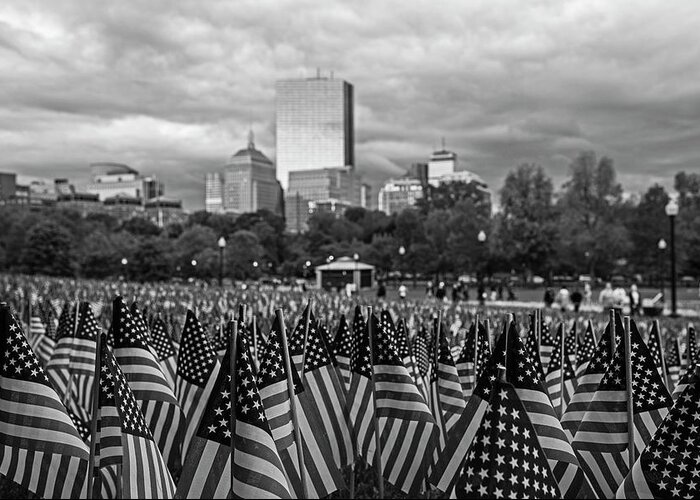 Boston Greeting Card featuring the photograph Boston Common Memorial Day Flags Dramatic Sky Boston Massachusetts Black and White by Toby McGuire