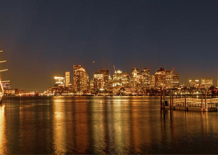 Twilight Greeting Card featuring the photograph Boston Harbor City Lights and Tall Ship Pano 2 by Lindsay Thomson