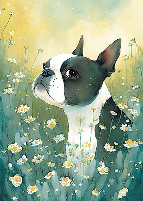 Boston Terrier Greeting Card featuring the digital art Boston Terrier in a flower field3 by Debbie Brown