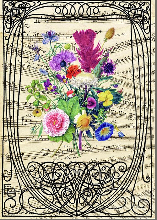 Elena Gantchikova Greeting Card featuring the mixed media Bouquet of wildflowers against the background of a collage of musical notes in an art nouveau frame by Elena Gantchikova