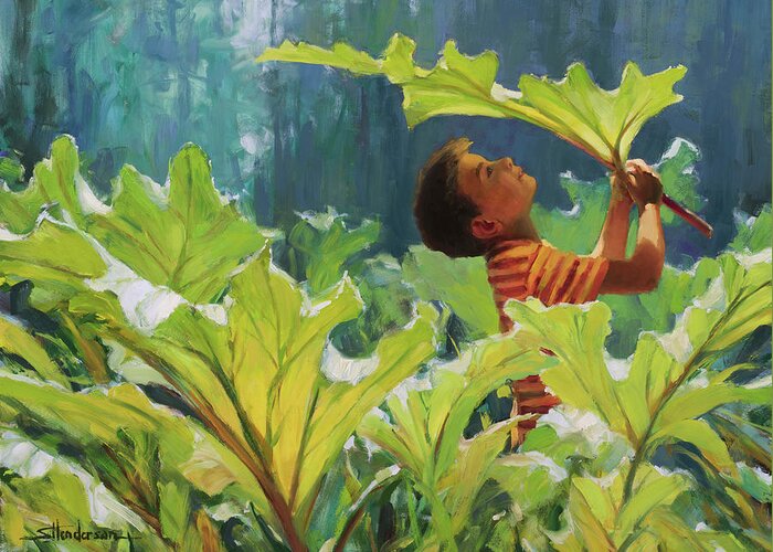 Forest Greeting Card featuring the painting Boy in the Rhubarb Patch by Steve Henderson