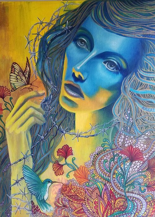 Blue Covid Butterfly Bird Woman Oils Canvas Greeting Card featuring the painting Breathe 2020 by Caroline Philp