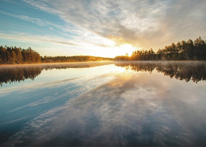 Lake Jatkonjärvi Greeting Card featuring the photograph Breathtaking sunrise at Lake Jatkonjarvi by Vaclav Sonnek