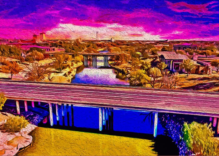 Concho River Greeting Card featuring the digital art Bridges over the Concho River in San Angelo at sunset - digital painting by Nicko Prints