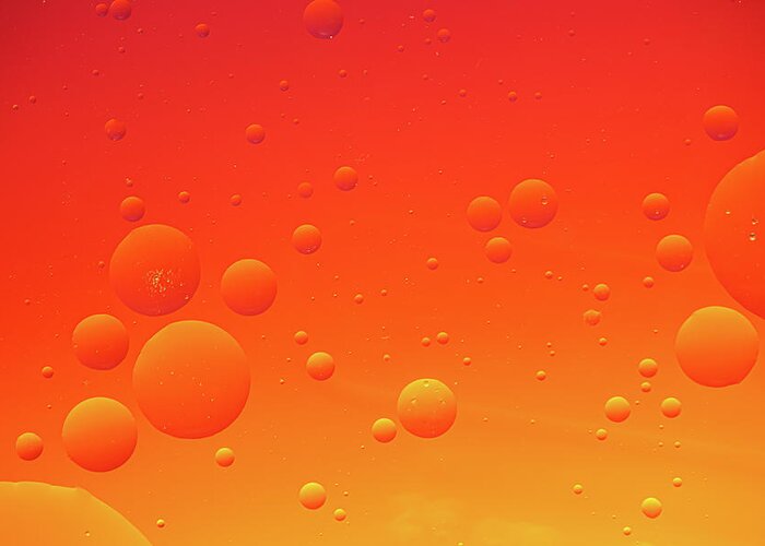 Abstract Greeting Card featuring the photograph Bright abstract, red background with flying bubbles by Michalakis Ppalis