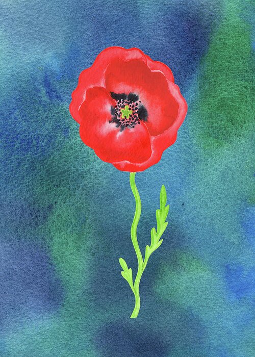 Poppy Greeting Card featuring the painting Bright Beautiful Red Poppy Flower Happy Wildflower On Blue Watercolor III by Irina Sztukowski