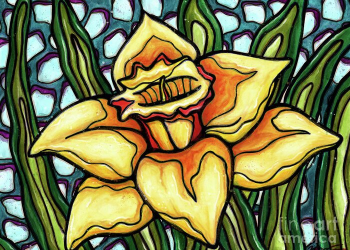 Daffodil Greeting Card featuring the painting Bright daffodil painting, yellow spring blossom by Nadia CHEVREL