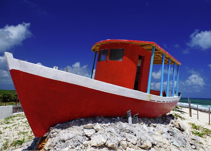 Cozumel Greeting Card featuring the photograph Brilliant Red Boat on Cozumel Beach by Peter Herman