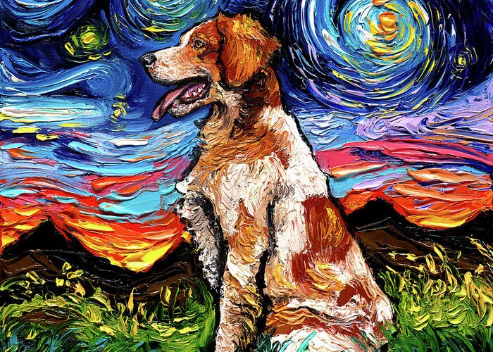 Starry Night Dog Greeting Card featuring the painting Brittany Spaniel Night by Aja Trier