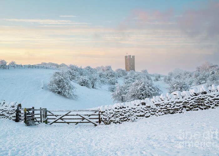 Broadway Tower Greeting Card featuring the photograph Broadway Tower in the Snow and Fog at Sunrise by Tim Gainey