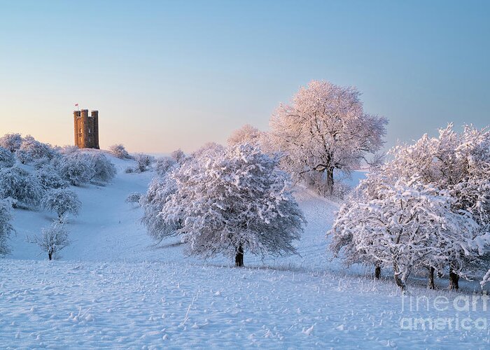 Broadway Tower Greeting Card featuring the photograph Broadway Tower in the Snow at Sunrise by Tim Gainey