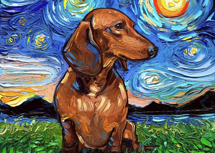 Dachshund Greeting Card featuring the painting Brown Dachshund Night by Aja Trier