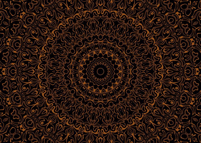 Brown Greeting Card featuring the digital art Brown on Black Mandala Kaleidoscope Medallion Flower by Mercury McCutcheon