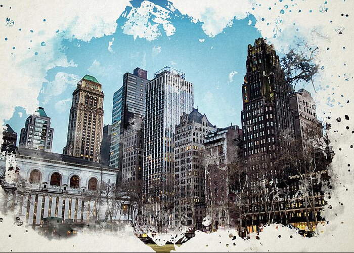 Bryant Park Greeting Card featuring the digital art Bryant Park Watercolor with Splatters by Alison Frank