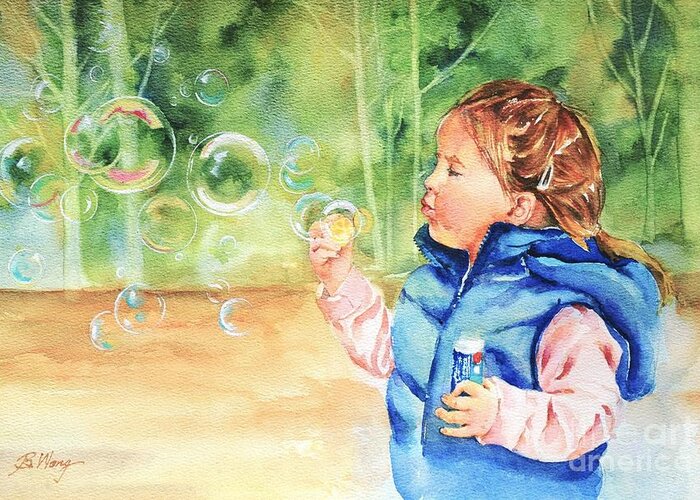 Little Girl Greeting Card featuring the painting Bubble fun by Betty M M Wong