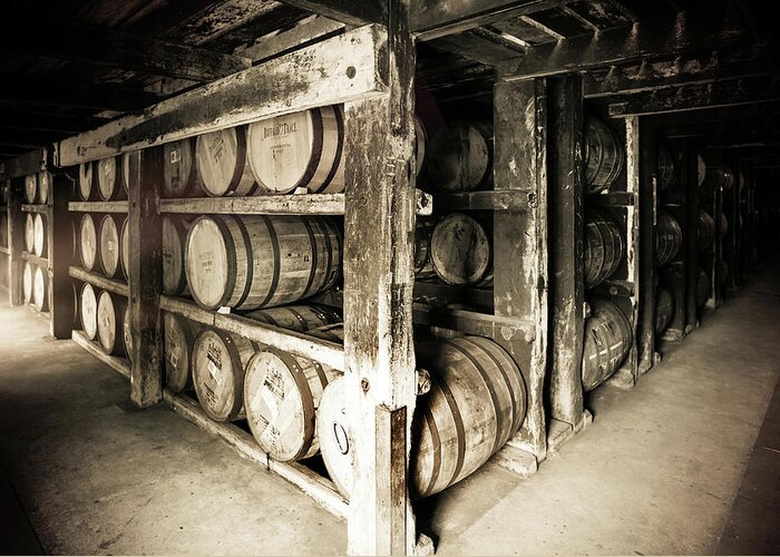 Buffalo Trace Greeting Card featuring the photograph Buffalo Trace Barrels by Karen Varnas