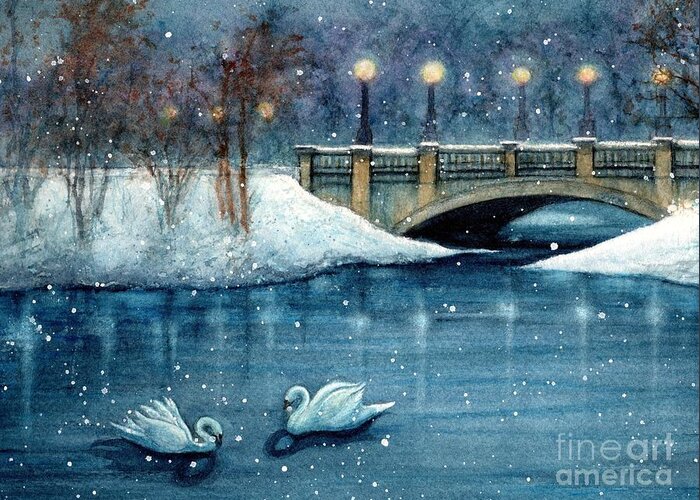 Park Greeting Card featuring the painting Buhl Park Winter Swan Duet Hermitage by Janine Riley