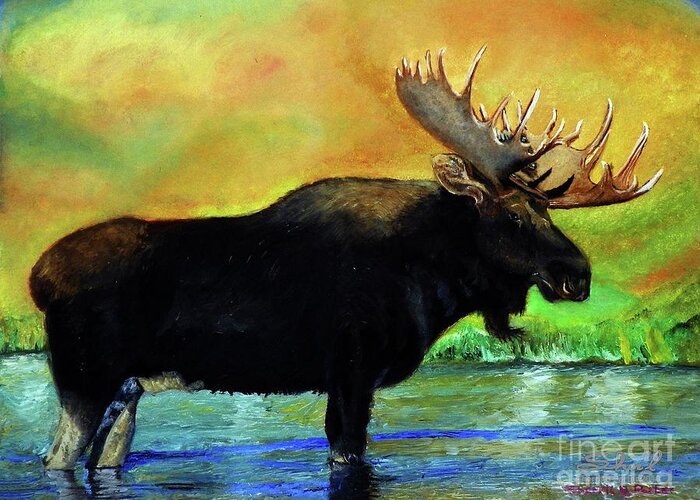 Sherril Porter Greeting Card featuring the painting Bull Moose in Mid Stream by Sherril Porter