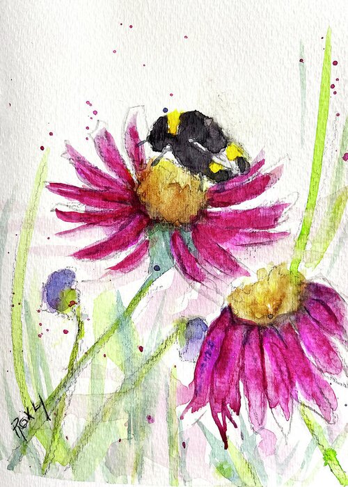 Bee Painting Greeting Card featuring the painting Bumble Bee in the Coneflowers by Roxy Rich